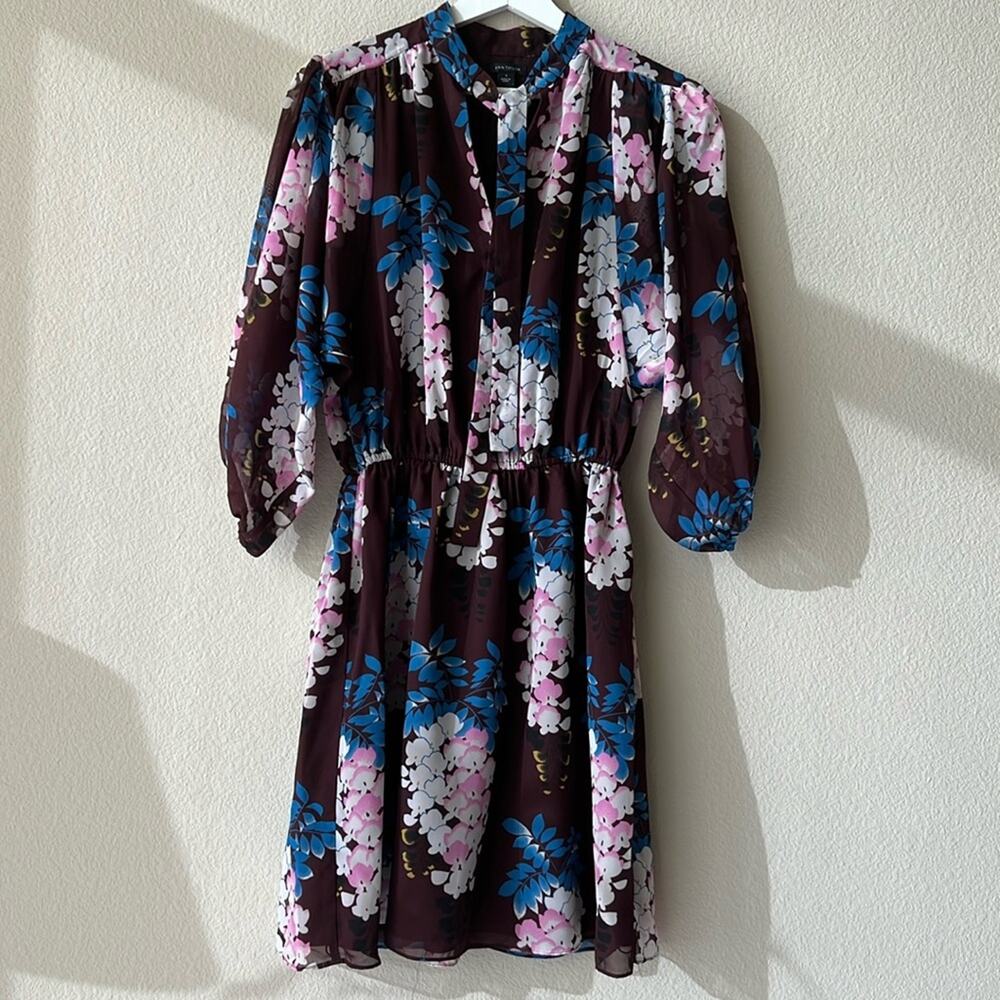 Ann Taylor Floral Mini Dress with Puff Sleeves